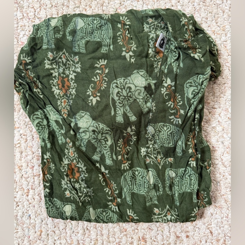 ❤️Green Tan Orange Elephant Pants Boho Feminine Rare “Dani” print